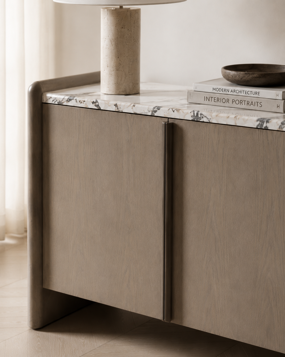 VERO wood veneer and natural marble sideboard by DEKATO LIVING shown at an angle on a clean white studio background