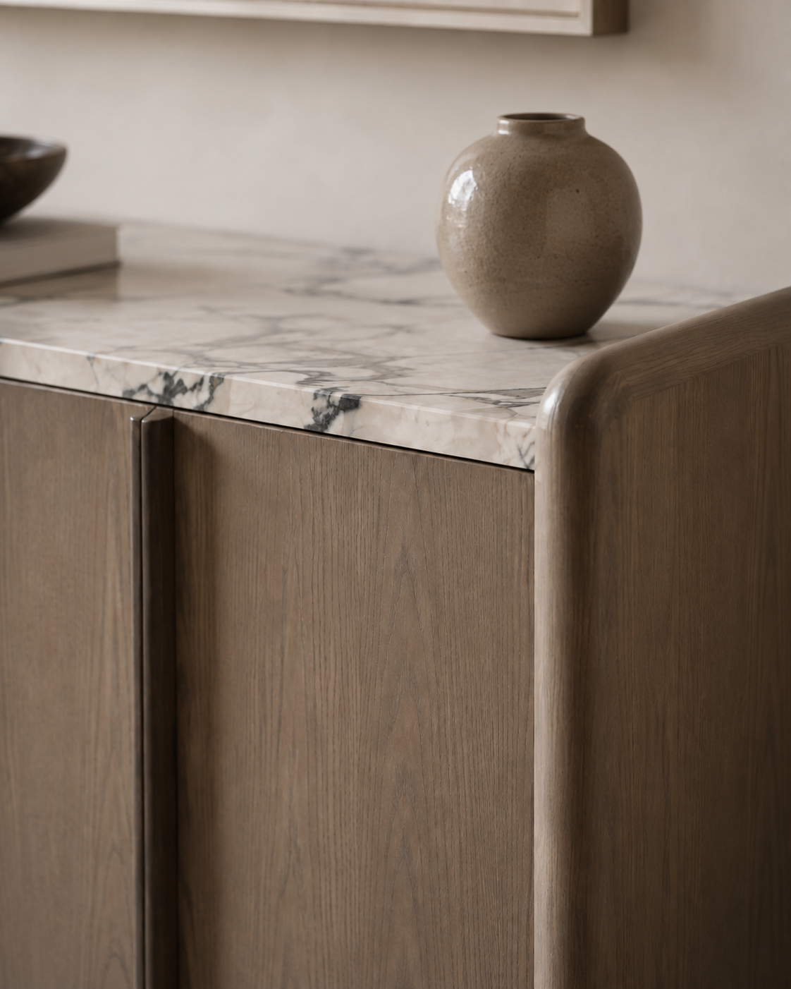 Front view of VERO sideboard by DEKATO LIVING with wood veneer doors and natural marble top on a white studio background