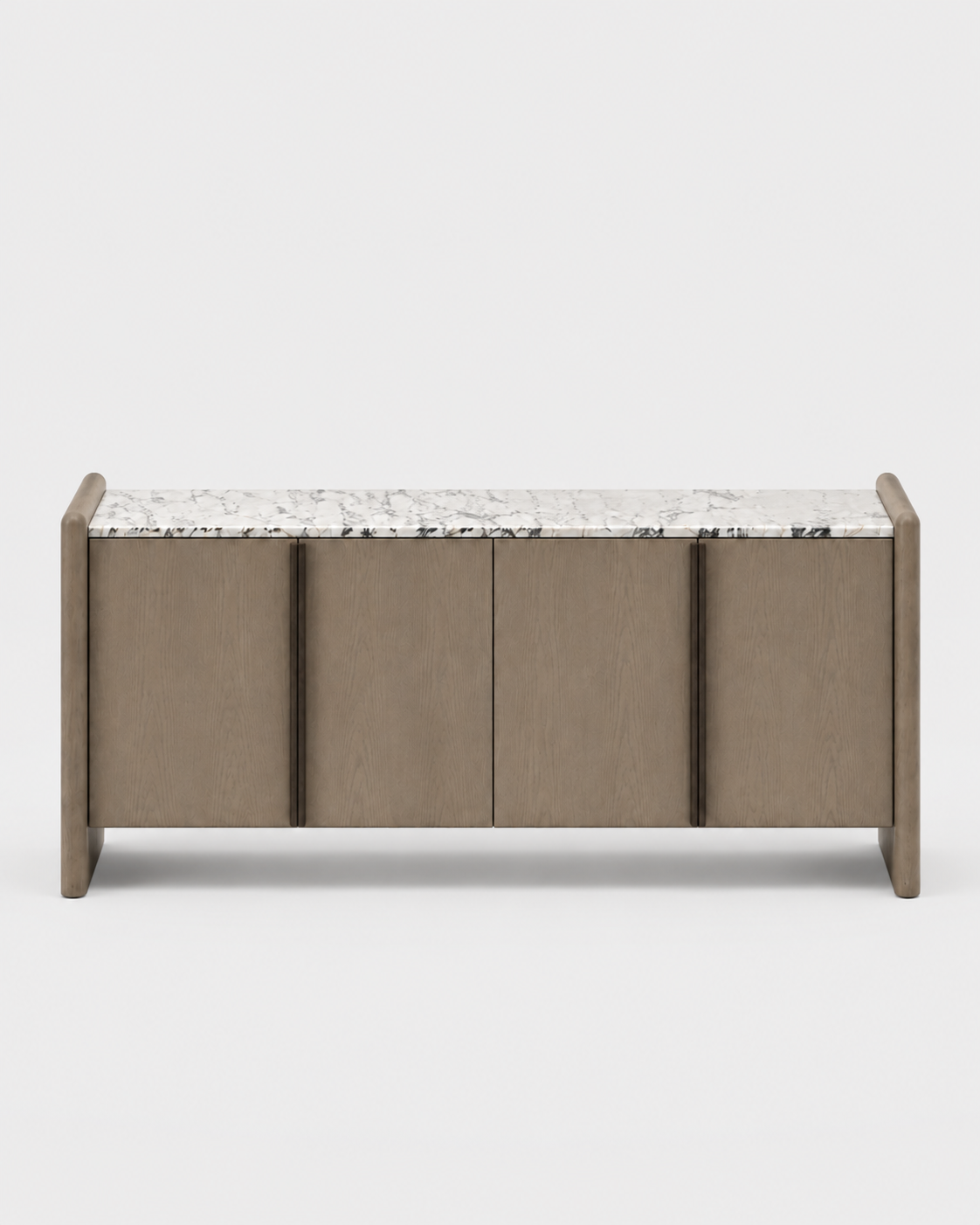 VERO sideboard by DEKATO LIVING in a refined neutral dining interior with natural marble top and warm wood veneer finish