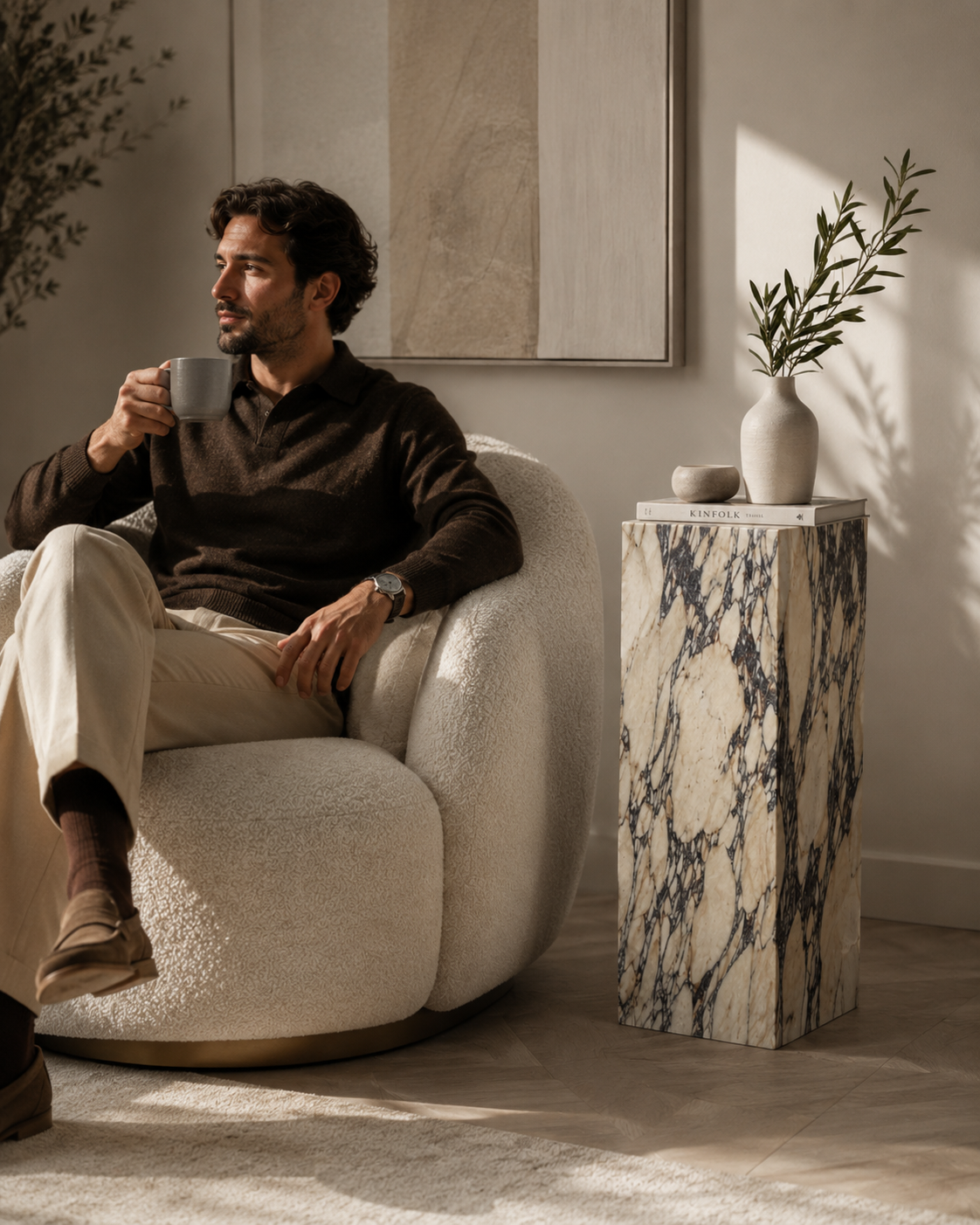 VIOLA Calacatta Viola marble pedestal by DEKATO LIVING beside a man relaxing with coffee in a contemporary lounge